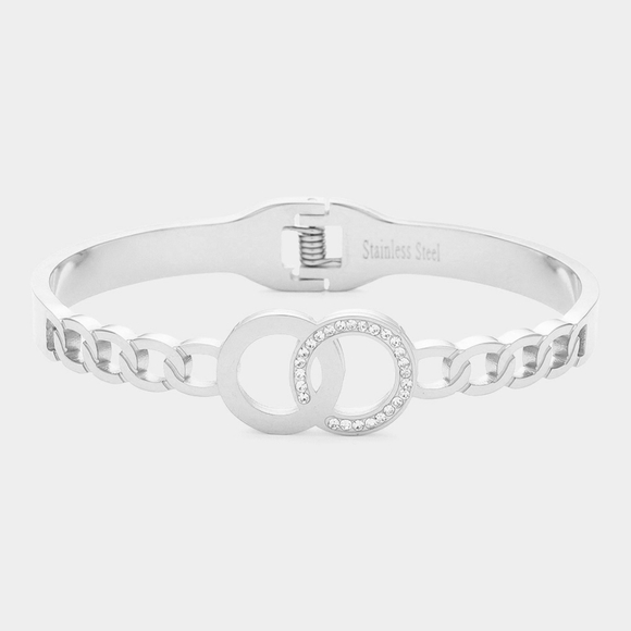 Silver Stainless Steel Link Crystal Double O Bangle Bracelet Jewelry Hinged - Picture 1 of 2